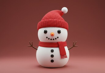 A festive snowman with a red knit hat and scarf standing against a brown background in a studio shot
