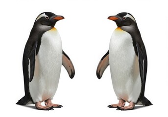 Obraz premium Two gentoo penguins standing side by side on a white background in a studio setting looking adorable