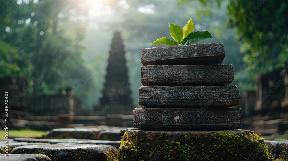 Poster a stack of stones with a green leaf on top