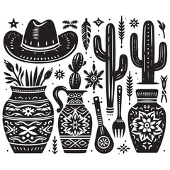Linocut western boho set vector.