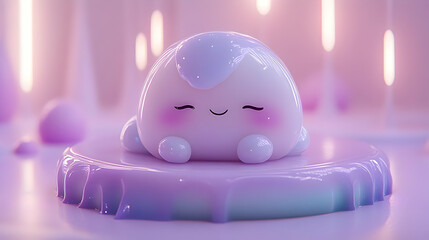 Cute Cartoon Character in Pastel Colors on a Jelly Platform with Shiny Details and Dreamy Background