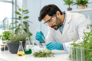 A medical bio laboratory featuring a Hispanic male researcher wearing gloves and a lab coat, carefully mixing solutions in a glass beaker. The background includes a variety of herbal plants and advanc