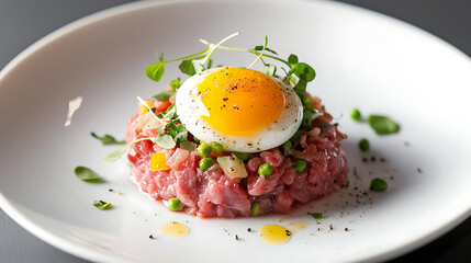 Savory beef tartare with poached egg gourmet kitchen food photography elegant setting close-up culinary art
