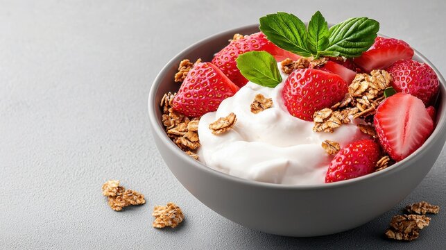 A bowl of cereal with strawberries and yogurt