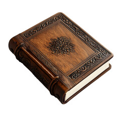 Close up of an ornate wooden book with a carved floral design on cover
