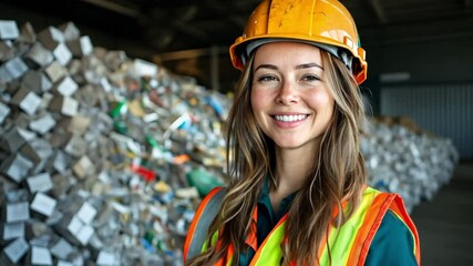 An environmental engineer wearing protective gear oversees sustainability initiatives and waste processing at a recycling facility.