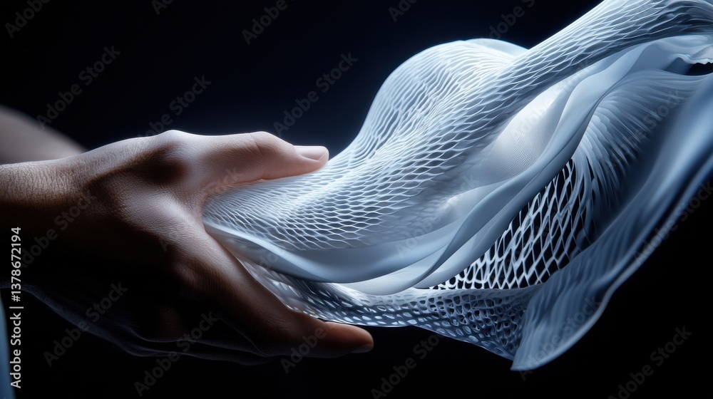 Poster A hand holding a white object with a mesh-like texture