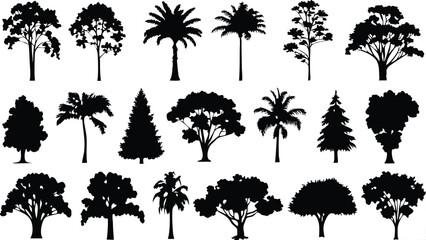 Fototapeta premium Silhouette Tree Line Drawing Set – Vector Outline Trees for Architecture & Landscape Design