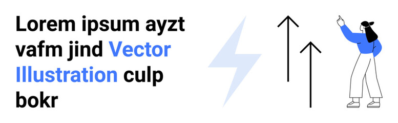 Woman pointing at two upward arrows beside a lightning bolt symbol, representing energy, growth, and innovation. Ideal for business growth, success, progress, energy, creativity teaching and modern
