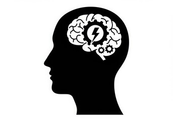 A black silhouette of a head with a brain containing gears and a lightning bolt on a white background