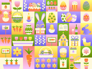 Happy Easter Banner Geometrical. Vector Illustration of Seasonal Religious Holiday. Seamless Spring Background. Egg Hunt and Bunny. Polygonal and Triangular.