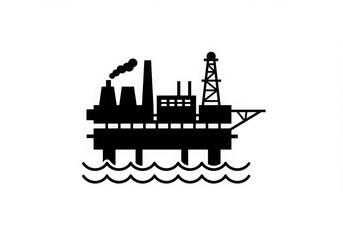 Obraz premium A black silhouette of an offshore oil rig platform over water against a white background space for text