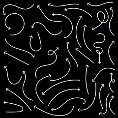 Hand drawn thin line arrows set. Arrow icon. Doodle arrow. Collection different arrows sign. Many vector curvy and wavy arrows. White hand drawn doodle arrow set .