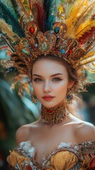 Striking portrait of a woman in a dazzling feathered headdress. Rich golds, reds, greens, and blues create a vibrant, eye-catching display