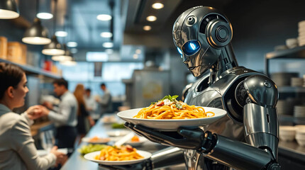 Humanoid robot serves gourmet dish in modern restaurant kitchen