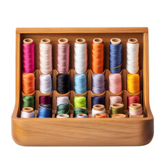 Wooden box filled with colorful spools of thread neatly organized inside
