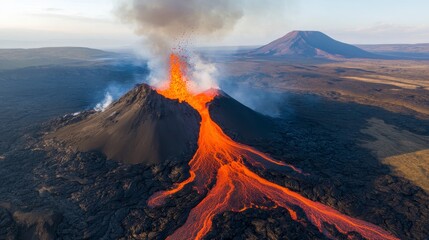 Molten Majesty: An active volcano unleashes a river of fiery lava, cascading down its slopes, and transforming the rugged landscape. The image captures the raw power and untamed beauty of nature.