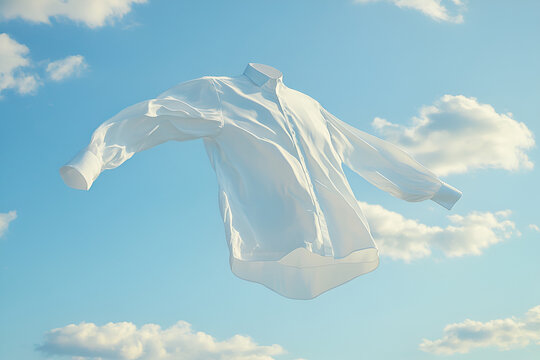 A white shirt is floating in the air above a blue sky. The shirt is suspended in midair, giving the impression of it being weightless. Concept of freedom and lightness