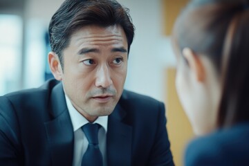 Business meeting between colleagues discussing important project details in a modern office setting