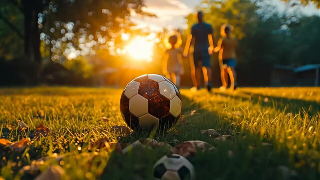 Family enjoying a summer evening soccer game in a park