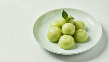Modern food photo advertisement: A pristine white plate displays a small pile of glistening, pale green Japanese mochi balls, garnished with a fresh mint leaf.