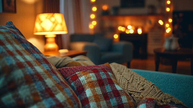 Cozy living room scene with warm lighting and plaid pillows