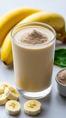 A glass of smoothie with bananas and a scoop of powder on the table