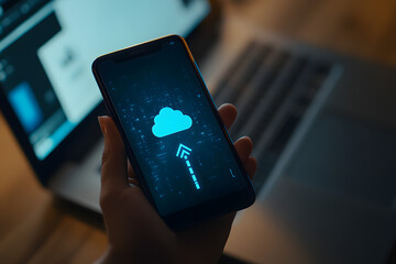 Hand holding smartphone with glowing cloud upload icon. Wireless data transfer on screen, mobile cloud storage sync concept, digital backup technology in modern workspace