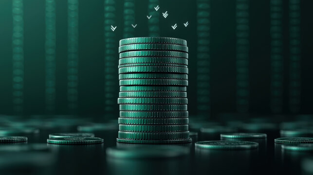 stack of emerald green coins is centered against digital background, symbolizing financial growth and success. coins are surrounded by binary code, enhancing futuristic theme