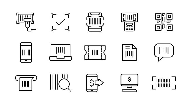 Barcode line icon set. QR code, scan, scan me, payment barcode, scanning process, product, and scanner outline icon collection. UI thin outline icon pack