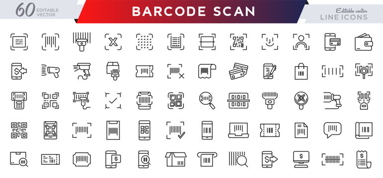 Barcode line icon set. QR code, scan, scan me, payment barcode, scanning process, product, and scanner outline icon collection. UI thin outline icon pack