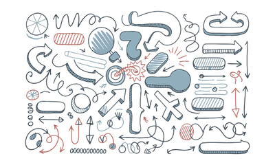 A modern vector illustration of hand-drawn marker doodles, featuring a variety of arrows, circles, rectangles, ovals, and abstract shapes, easily editable.