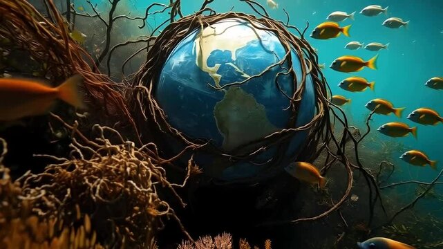 The earth being strangled and drowned, the concept of environmental changes, pollution and we should be taking care of the planet