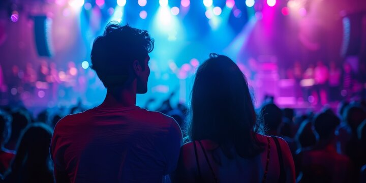 Back view of a couple in love, mesmerized by the dazzling lights of a live stage show