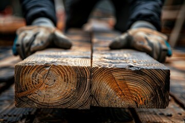 Skilled worker handling two wooden planks at a construction site during daylight hours
