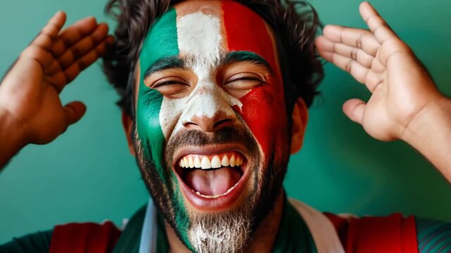 Ecstatic Italian fan with face painted as flag, mouth wide open, celebrates with closed eyes.
Concept of: Pure nationalistic joy.