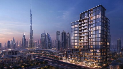 Naklejka premium Dusk illuminates dubai's modern skyscrapers and iconic burj khalifa urban landscape evening view architectural marvels
