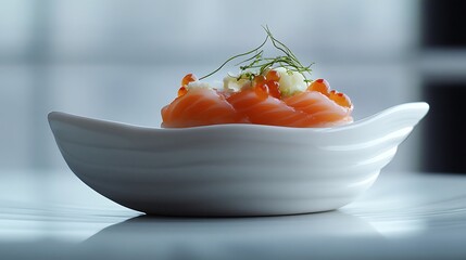 Elegant salmon tartare bite-sized appetizer topped with roe and herbs served in a modern white bowl.
