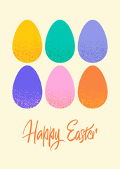 Happy Easter Eggs Lettering Greeting Card. Vector Illustration of Seasonal Spring Holiday Poster. Handwritten Calligraphy Typography Postcard.