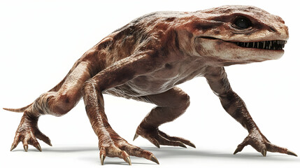 Obraz premium Detailed Brown Lizard Walking Isolated on White Background Reptilian Creature with Textured Skin Predator Portrait Standing in Studio Shot