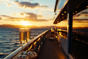 Two glasses of champagne on luxury cruise deck at sunset, creating romantic atmosphere. golden light reflects on water, enhancing serene experience
