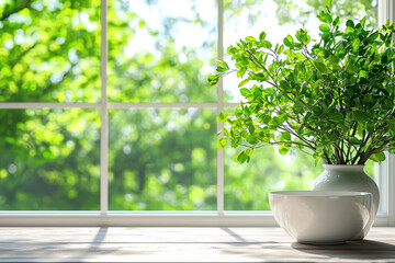 Fototapeta premium white bowl with green plant sits on wooden table in front of bright window, showcasing vibrant outdoor view filled with lush greenery. scene evokes sense of tranquility and freshness