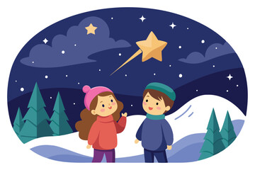 Naklejka premium Cartoon Kids Stargazing at Night with Sparkling Star and Winter Landscape