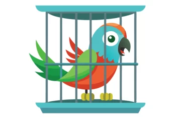 Cartoon Parrot in Blue Cage with Colorful Plumage on White Background