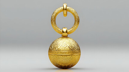 Detailed Golden Sphere with Ornate Ring Hanging on Gray Background Represents Wealth Luxury and Precious Metals for High End Decoration