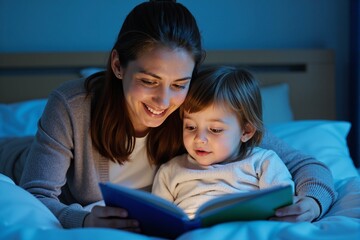 Intimate nighttime scene of mother and young child reading digital tablet together in bed, illuminated by blue screen light in dimly lit bedroom