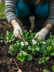 Fototapeta premium A person joyfully gardening and planting flowers outdoors