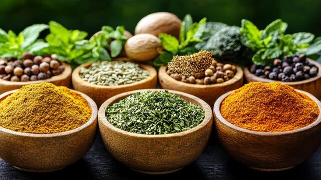 Assorted spices in wooden bowls