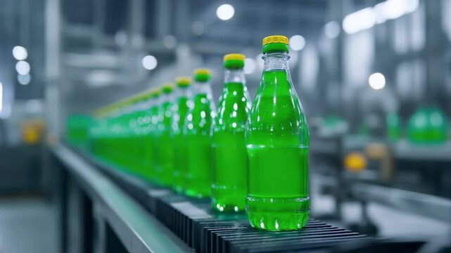 A sparkling water bottle made from recycled materials being filled in an eco-friendly bottling plant