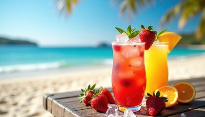 Tropical beach scene with refreshing red and orange cocktails in sunlit paradise
